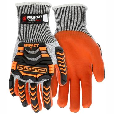 MCR Safety UltraTechÂ® Mechanics Gloves CutProÂ® Cut and Abrasion Resistant Gloves Orange Nitrile Foam Palm and Fingertips TPR Back of Hand Protection