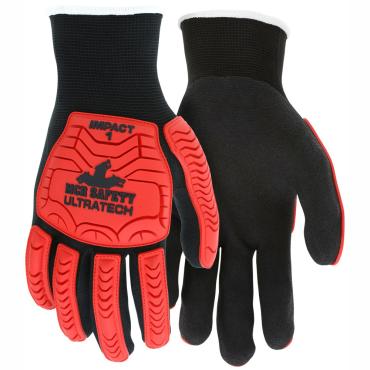 MCR Safety UltraTechÂ® Mechanics Gloves Black Sandy Nitrile Foam Palm Fingertips TPR Back of Hand Protection 13 Gauge Nylon Shell